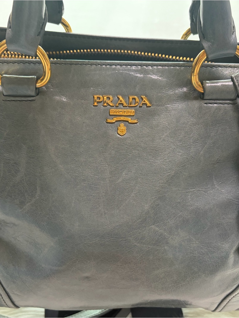 Prada Metallic Gray Leather Shoulder Bag with Gold Hardware - Picture 5 of 17